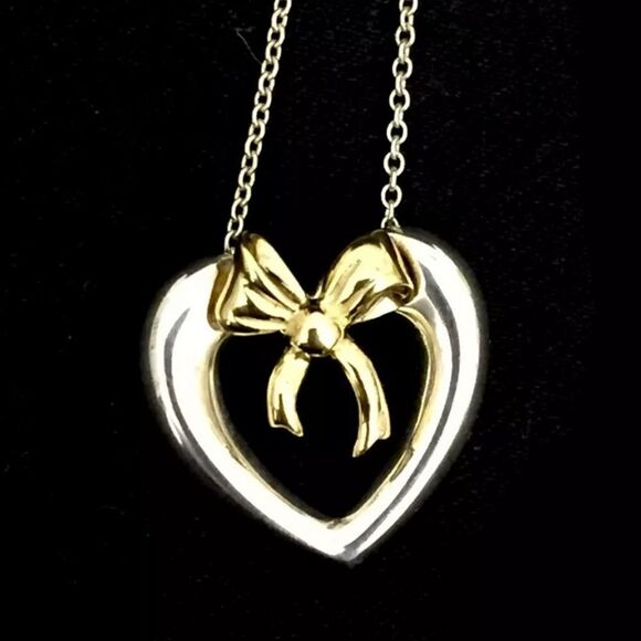 Tiffany & Co. 18K Gold / 925 Sterling Silver Heart & Ribbon Pendant Necklace - Picture 3 of 7